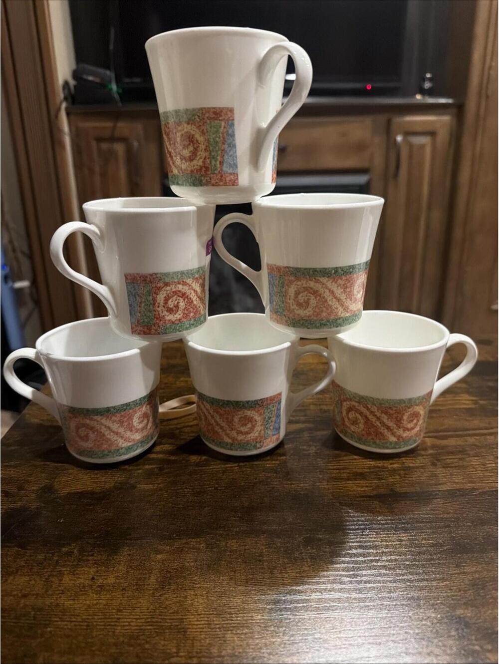 6 Corning Sand Art Coffee Tea Cups Mugs White Green Blue Brown 8 Oz Vtg *
